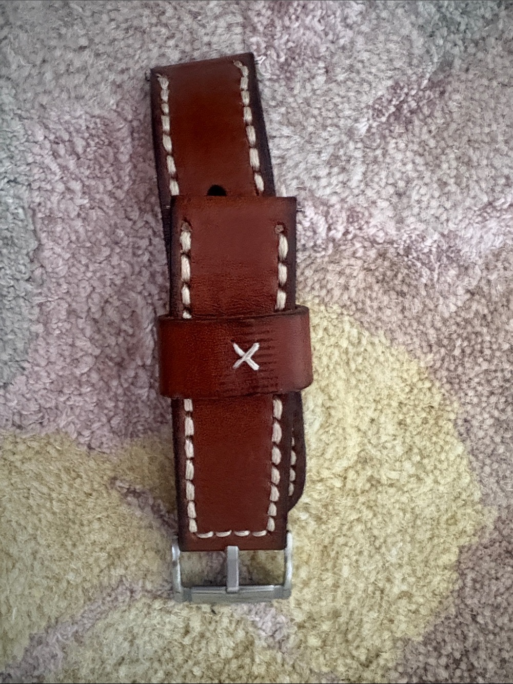 Brown Leather Watch Strap with White Stitching